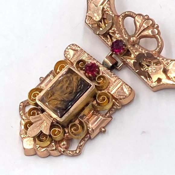 Antique Victorian Rose & Yellow Gold Filled Tiger Eye Cameo Mesh Necklace - Picture 7 of 14
